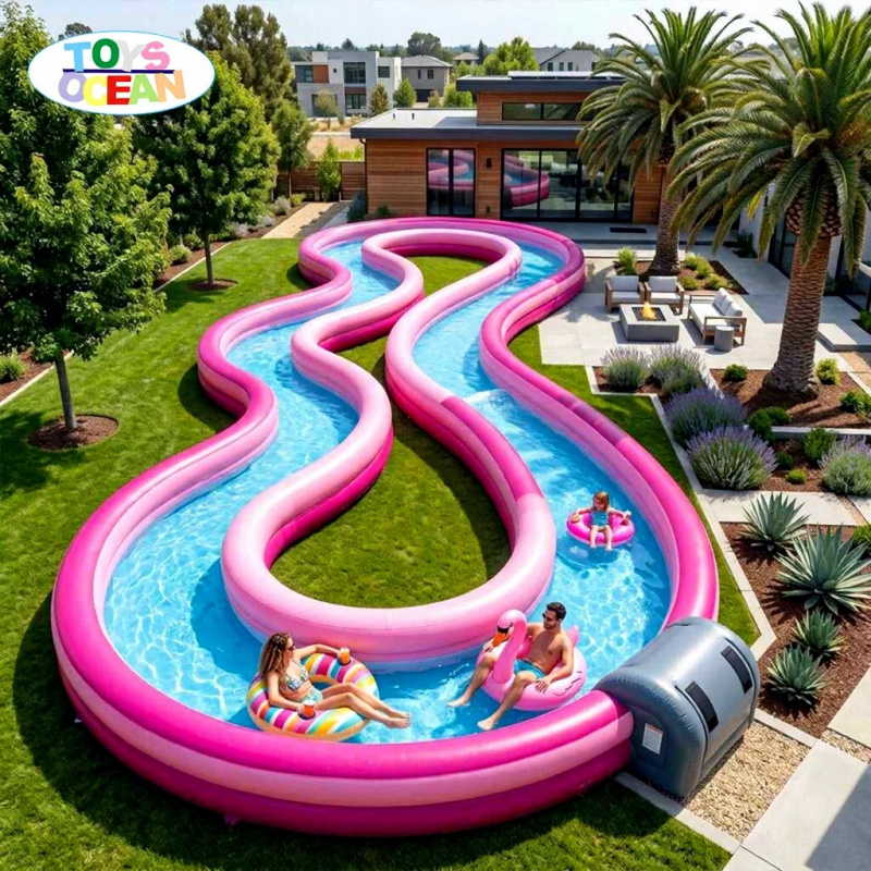 Water Slide Inflatable - Commercial Inflatable Lazy River, Pink Wavy
