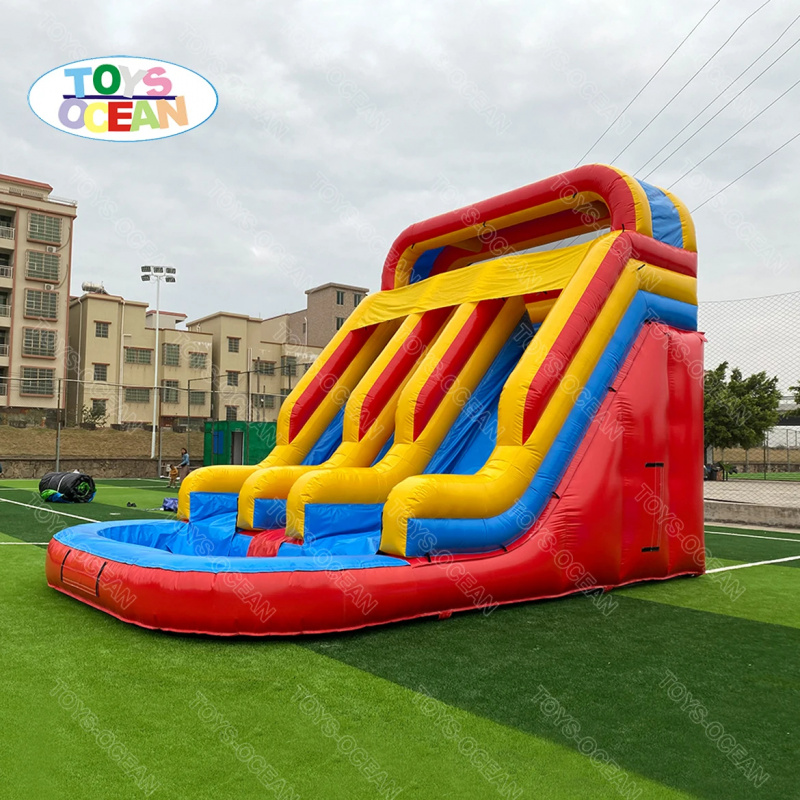 Red Yellow Blue Triple Lane In - đánh giá và giá Water Slide Inflatable